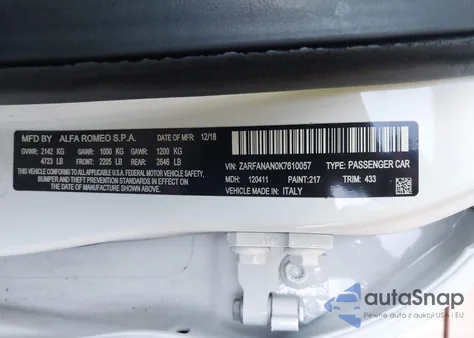 2019 Alfa Romeo Giulia Sport Awd z USA, uszkodzony, nr VIN ZARFANAN0K7610057